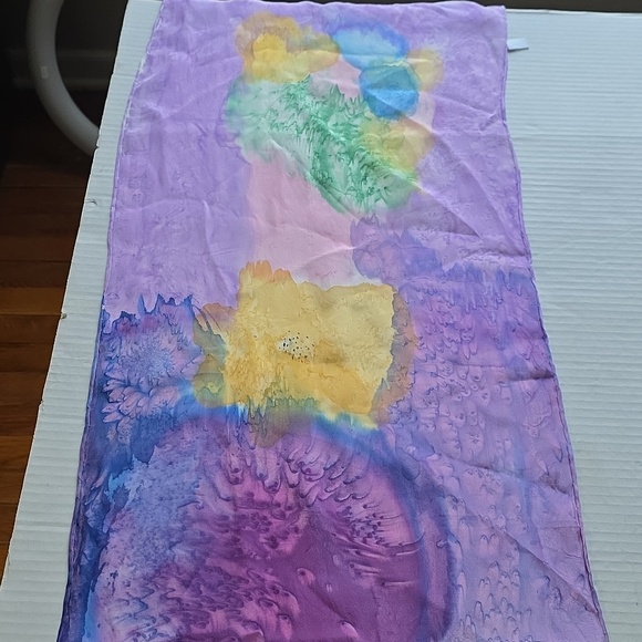 100% Silk Watercolor Tie‑Dye Oblong Scarf 13x67 Pastel Purple Blue - Picture 4 of 7